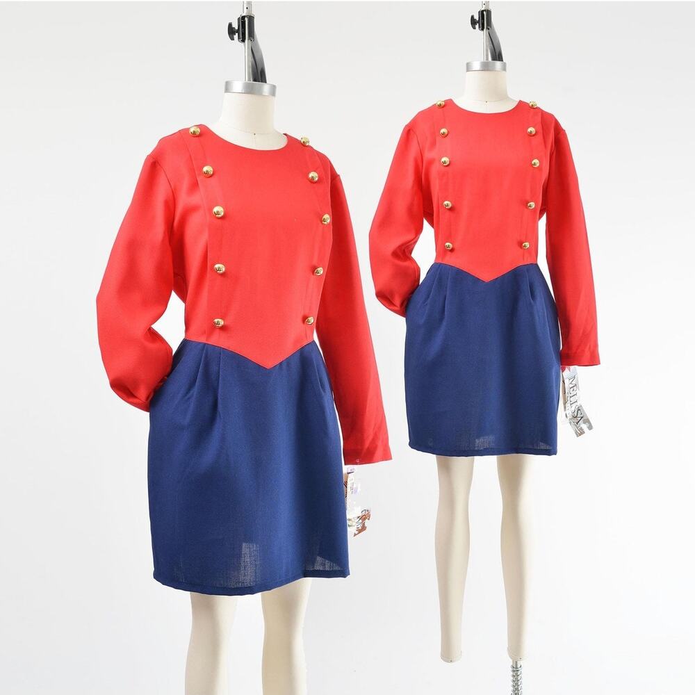 Vintage Red Navy Military Nautical Basque Waistline Pleated Front Sheath Dress M